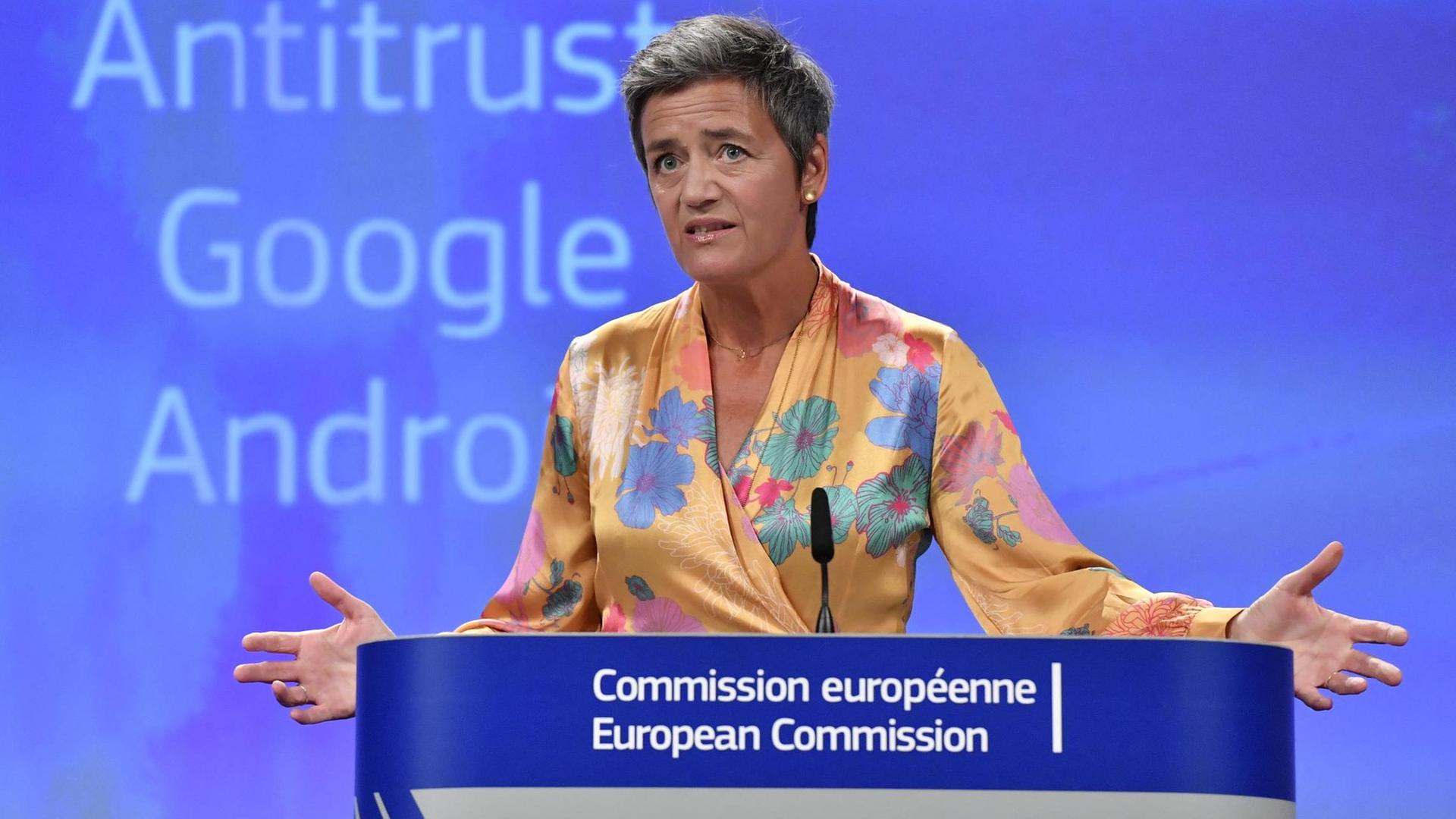 Die EU-Wettbewerbskommissarin Margrethe Vestager spricht über die Milliardenstrafe gegen Google.