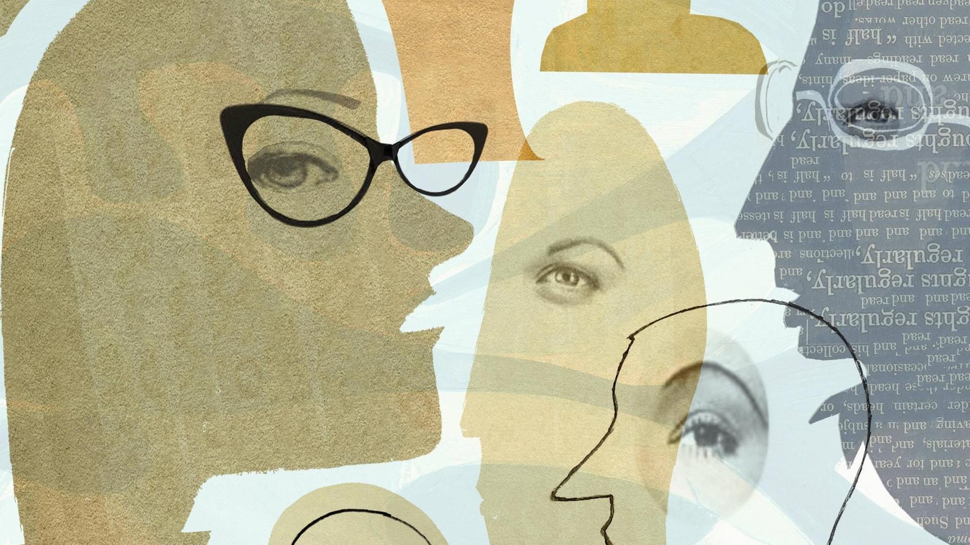 Zu sehen ist graphische Collage von kommunizierenden Gesichtern. Zu sehen ist graphische Collage von kommunizierenden Gesichtern.