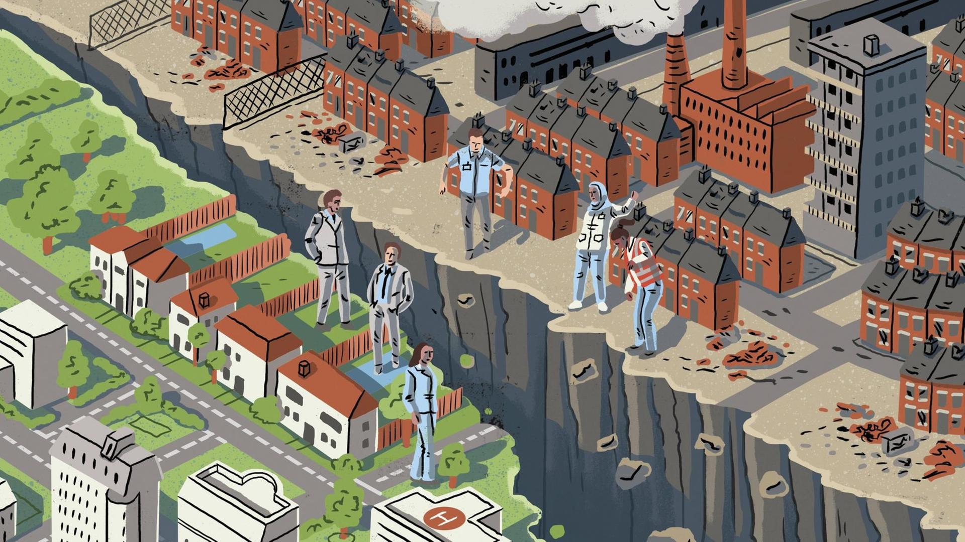 Die Illustration zeigt einen tiefen Graben zwischen einem reichen Stadtviertel und einem armen Stadtviertel. Auf jeder Seite stehen sich drei Menschen gegenüber. Die Illustration zeigt einen tiefen Graben zwischen einem reichen Stadtviertel und einem armen Stadtviertel. Auf jeder Seite stehen sich drei Menschen gegenüber.