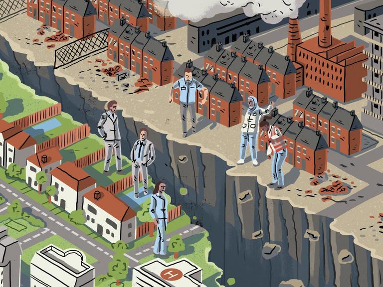 Die Illustration zeigt einen tiefen Graben zwischen einem reichen Stadtviertel und einem armen Stadtviertel. Auf jeder Seite stehen sich drei Menschen gegenüber.