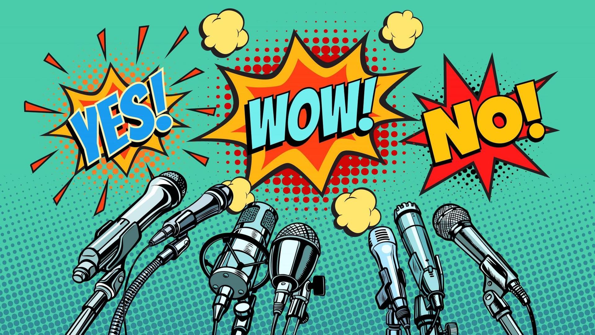Illustration einiger Mikrofone, darüber Sprechblasen: Yes! Wow! No! Illustration einiger Mikrofone, darüber Sprechblasen: Yes! Wow! No!