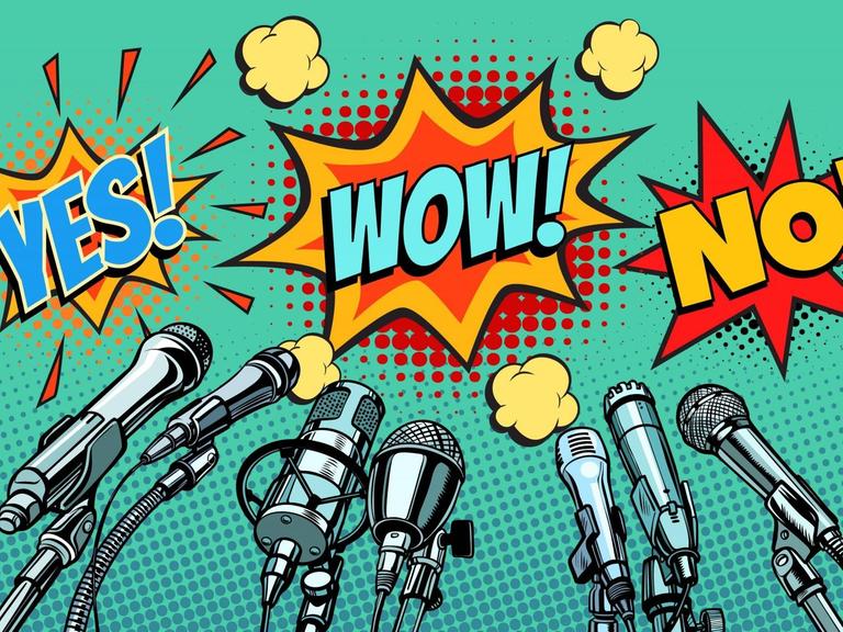 Illustration einiger Mikrofone, darüber Sprechblasen: Yes! Wow! No!