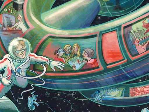 Eine Illustration in einem Kinderbuch: Sie zeigt ein Raumschiff mit seinen Bewohnern und Bewohnerinnen.