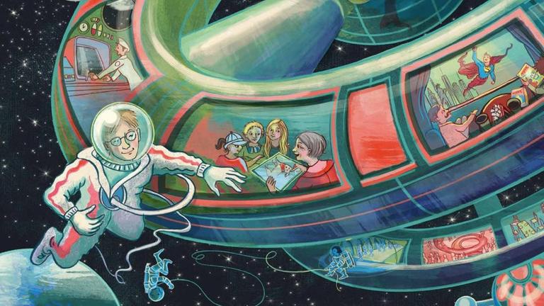 Eine Illustration in einem Kinderbuch: Sie zeigt ein Raumschiff mit seinen Bewohnern und Bewohnerinnen. Eine Illustration in einem Kinderbuch: Sie zeigt ein Raumschiff mit seinen Bewohnern und Bewohnerinnen.