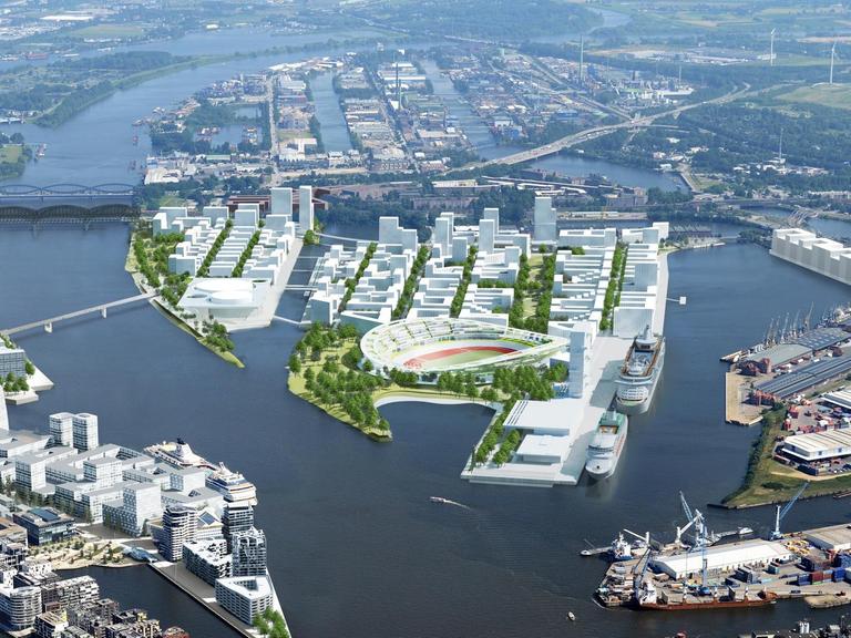 Zu sehen ist eine Foto-Simulation, die ein Stadion und neue Wohnhäuser zeigt. Alles steht im Hamburger Hafen auf der Elbinsel "Kleiner Grasbrook."