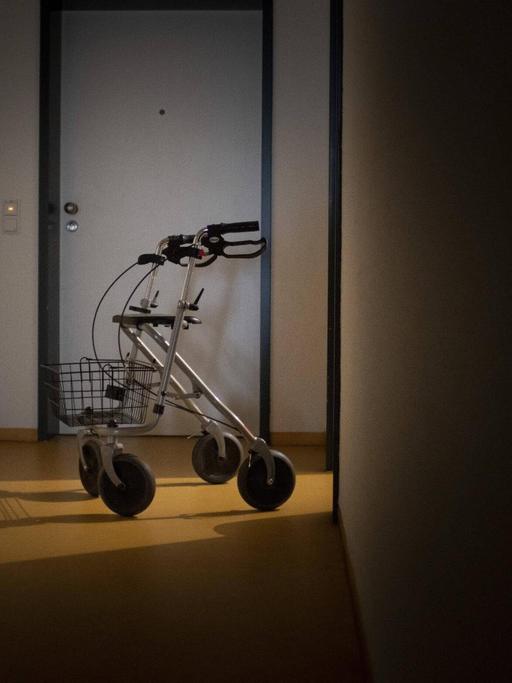 Ein Rollator auf einem Flur. Im Hintergrund eine Tür.