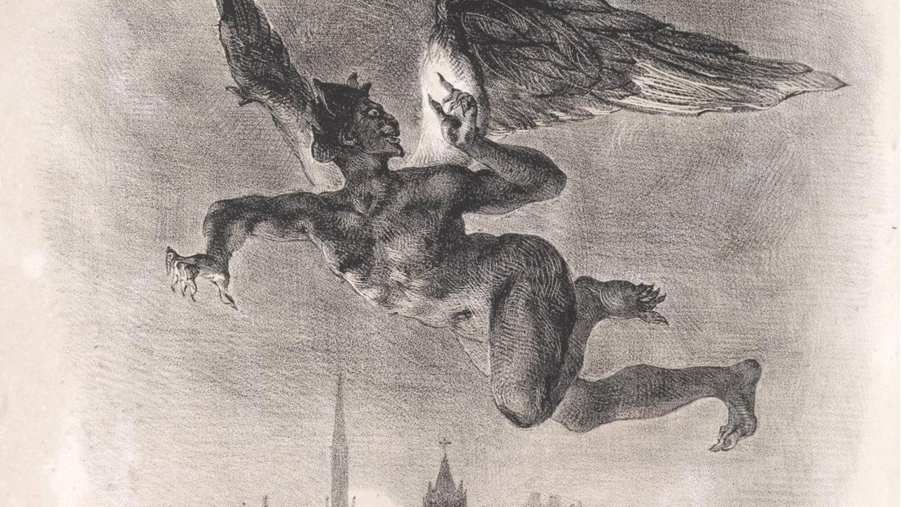 Illustration eines beflügelten nackten Mephisto, der über einer Stadt schwebt. Illustration eines beflügelten nackten Mephisto, der über einer Stadt schwebt.