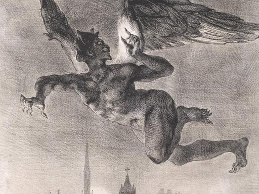 Illustration eines beflügelten nackten Mephisto, der über einer Stadt schwebt.