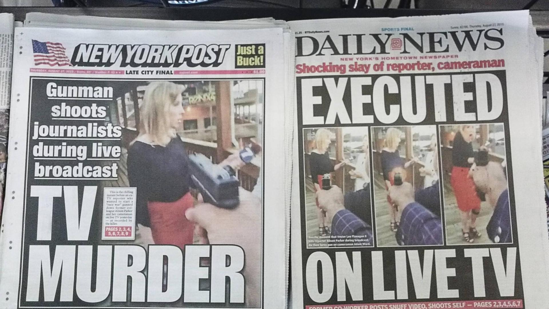 New Yorker Boulevardblätter berichten groß über die tödlichen Schüsse vor laufender Kamera auf zwei Reporter. New Yorker Boulevardblätter berichten groß über die tödlichen Schüsse vor laufender Kamera auf zwei Reporter.