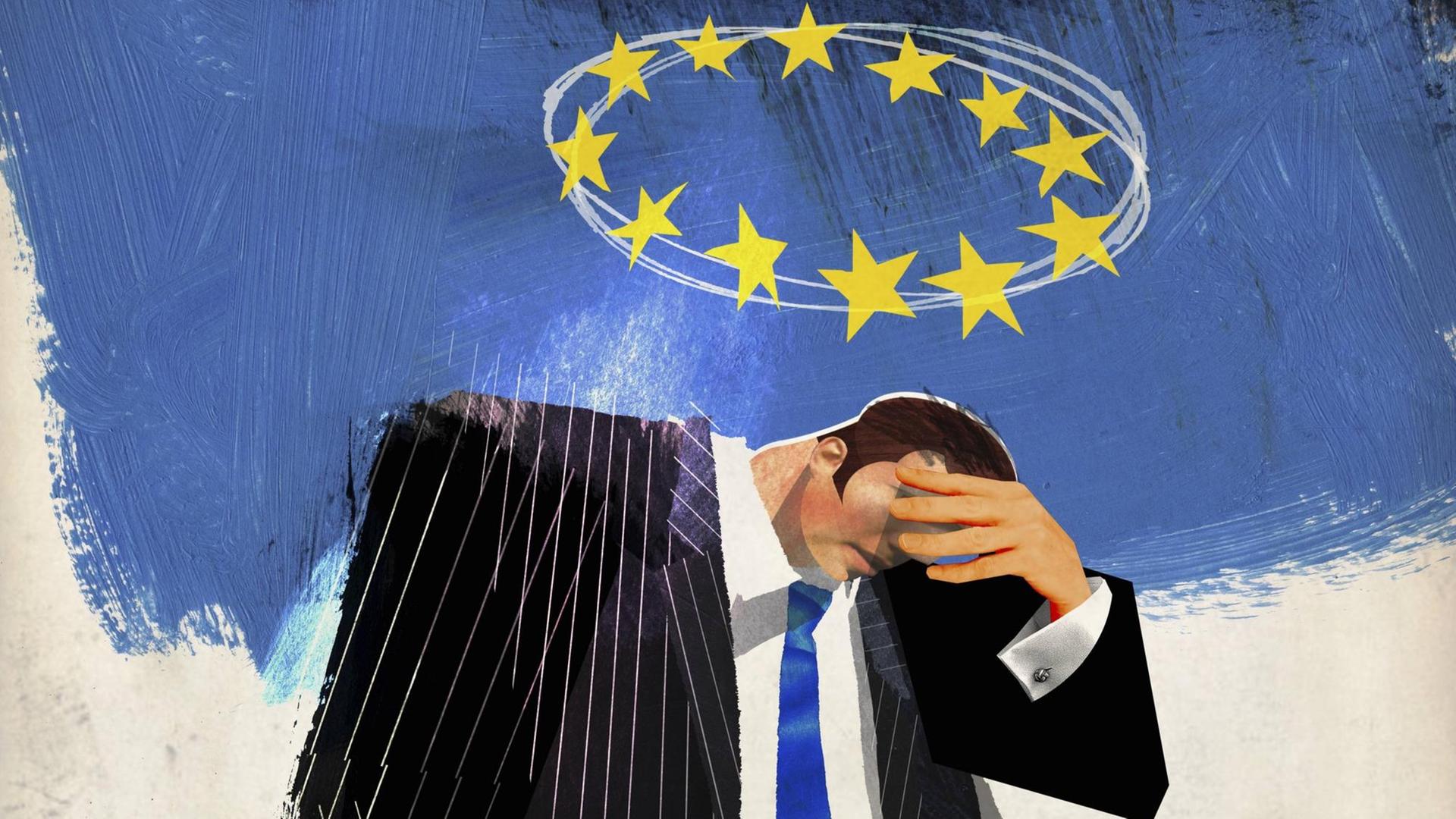 Trauriger Geschäftsmann unter einer EU-Flagge (Illustration). Trauriger Geschäftsmann unter einer EU-Flagge (Illustration).