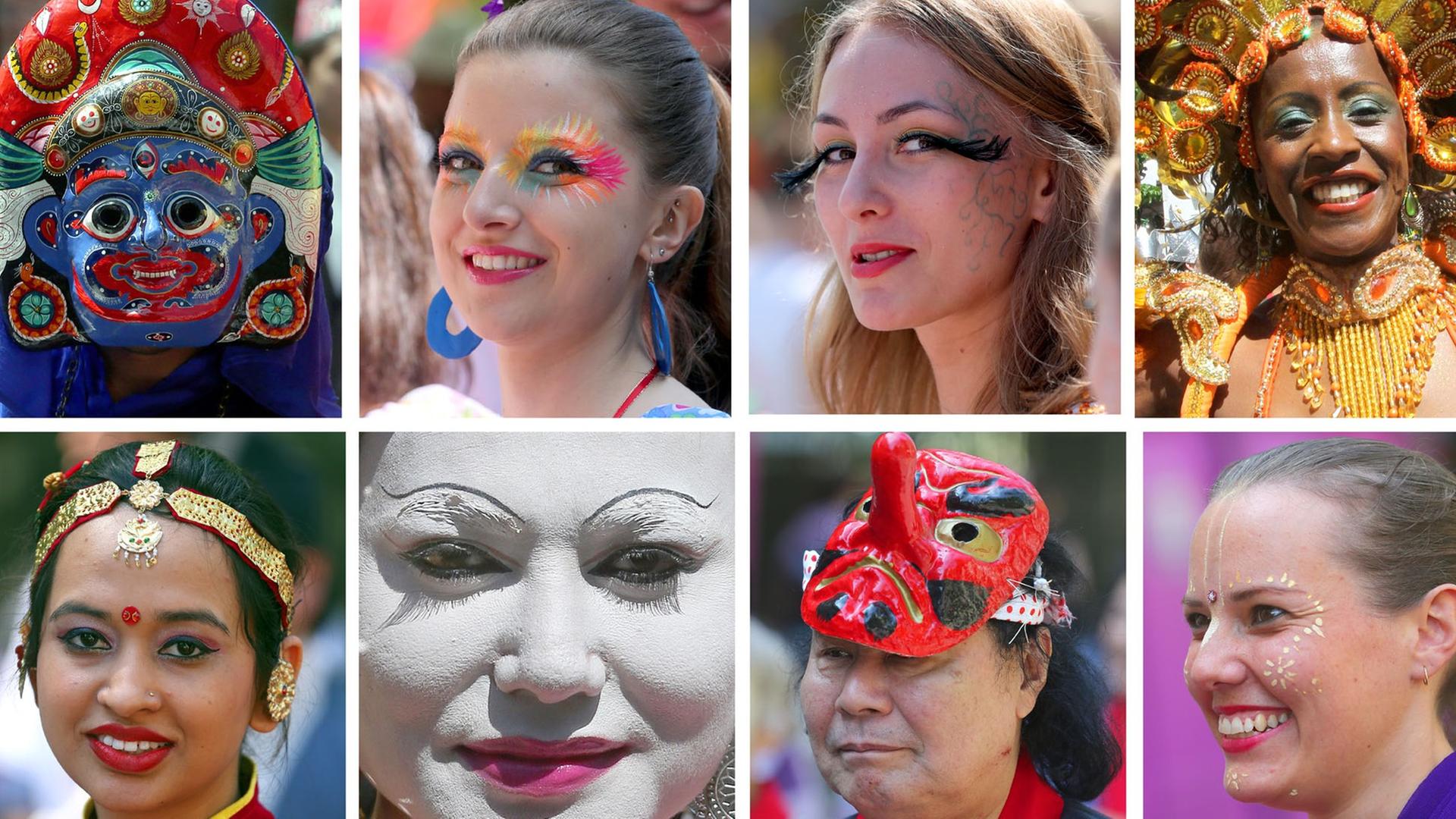 Gesichter des Karnevals - Menschen in bunten Kostümen und farbigen Make-Ups nehmen am 19.05.2013 in Berlin am Festumzug des Karnevals der Kulturen der Welt teil. Gesichter des Karnevals - Menschen in bunten Kostümen und farbigen Make-Ups nehmen am 19.05.2013 in Berlin am Festumzug des Karnevals der Kulturen der Welt teil.