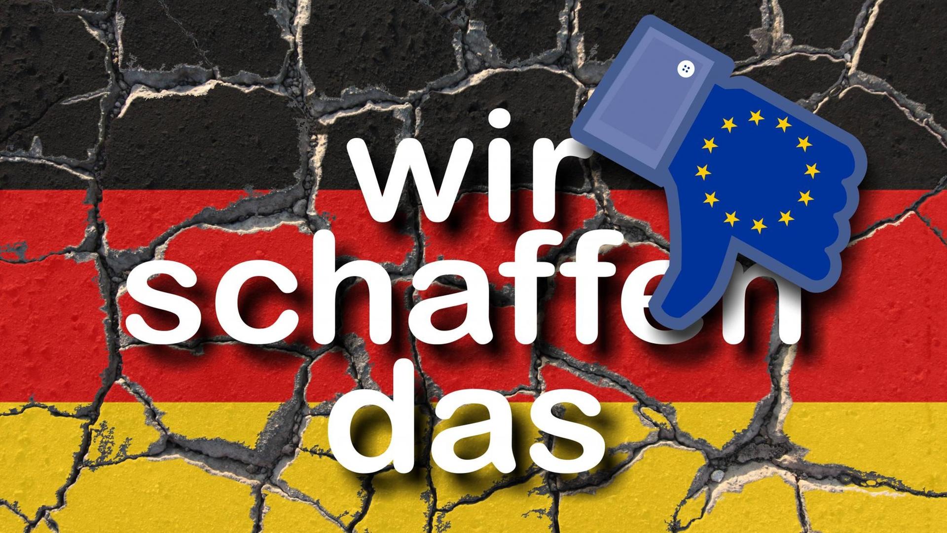 Symbolbild: eine Mauer in Schwarz-Rot-Gold mit Rissen, darauf der Schriftzug "Wir schaffen das" und ein Hand mit Daumen nach unter in den Farben der Europäischen Fahne. Symbolbild: eine Mauer in Schwarz-Rot-Gold mit Rissen, darauf der Schriftzug "Wir schaffen das" und ein Hand mit Daumen nach unter in den Farben der Europäischen Fahne.