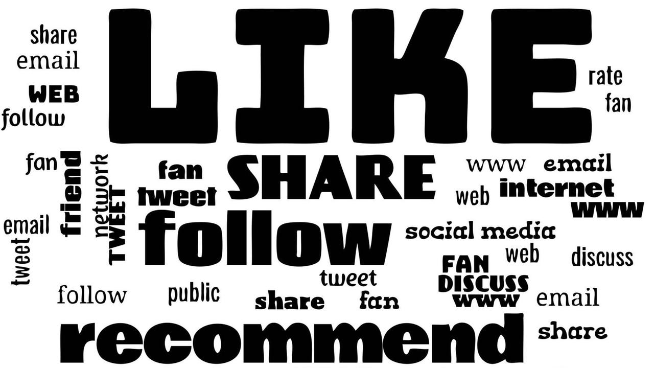 Illustration zeigt Tags sozialer Medien wie "Like", "Share" oder "follow". Illustration zeigt Tags sozialer Medien wie "Like", "Share" oder "follow".