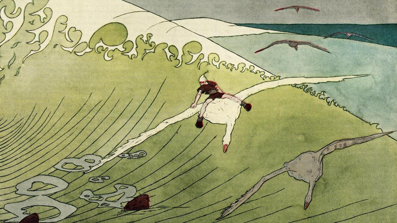 Nils Holgersson fliegt mit den Gänsen, die von Möwen gejagt werden. Illustration von Mary Hamilton Frye aus dem Jahr 1925, nach dem Buch von Selma Lagerlöf.