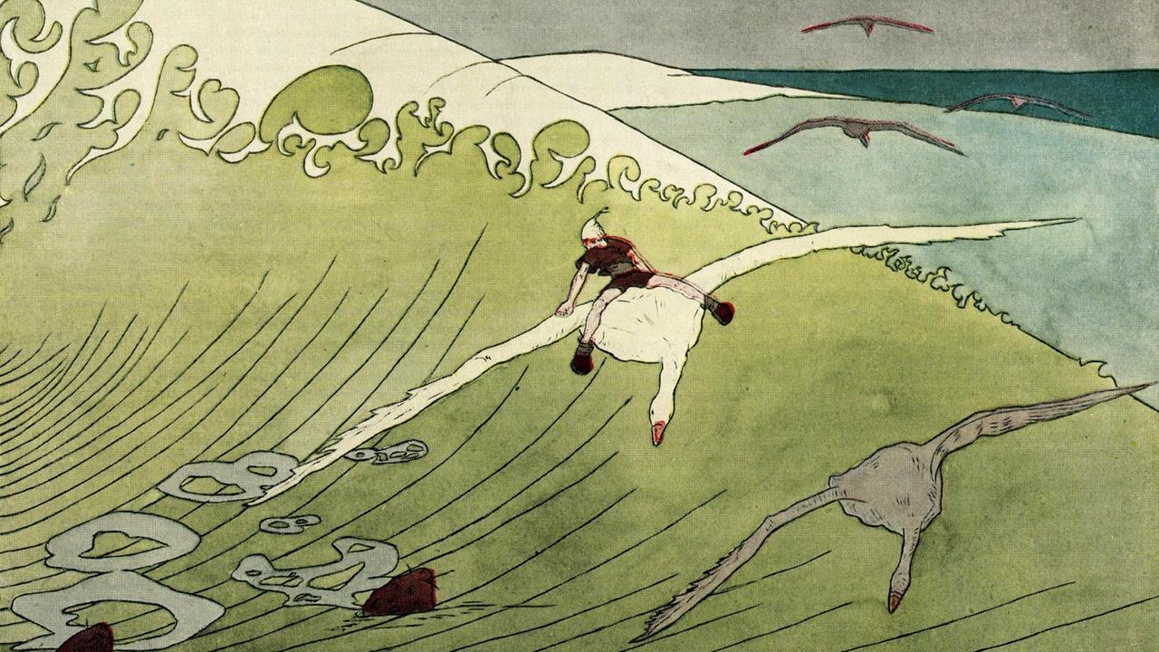 Nils Holgersson fliegt mit den Gänsen, die von Möwen gejagt werden. Illustration von Mary Hamilton Frye aus dem Jahr 1925, nach dem Buch von Selma Lagerlöf. Nils Holgersson fliegt mit den Gänsen, die von Möwen gejagt werden. Illustration von Mary Hamilton Frye aus dem Jahr 1925, nach dem Buch von Selma Lagerlöf.