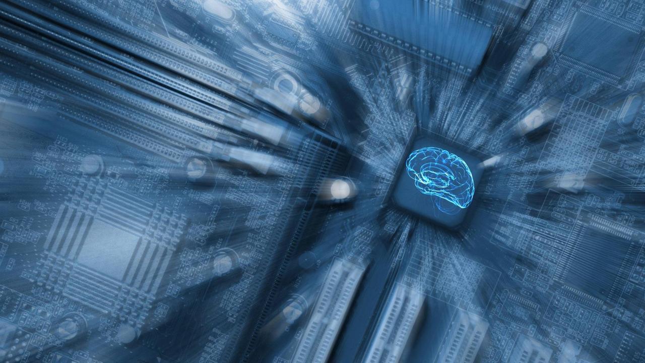 Illustration zum Thema Künstliche Intelligenz - ein Gehirn über einer Festplatte in Blau mit Verfremdungseffekten. Illustration zum Thema Künstliche Intelligenz - ein Gehirn über einer Festplatte in Blau mit Verfremdungseffekten.