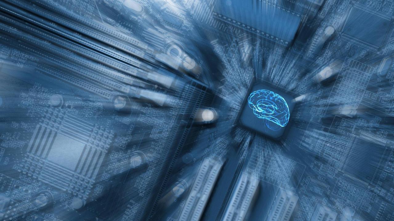 Illustration zum Thema Künstliche Intelligenz - ein Gehirn über einer Festplatte in Blau mit Verfremdungseffekten. Illustration zum Thema Künstliche Intelligenz - ein Gehirn über einer Festplatte in Blau mit Verfremdungseffekten.