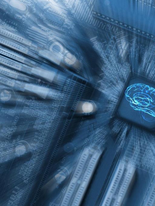 Illustration zum Thema Künstliche Intelligenz - ein Gehirn über einer Festplatte in Blau mit Verfremdungseffekten.