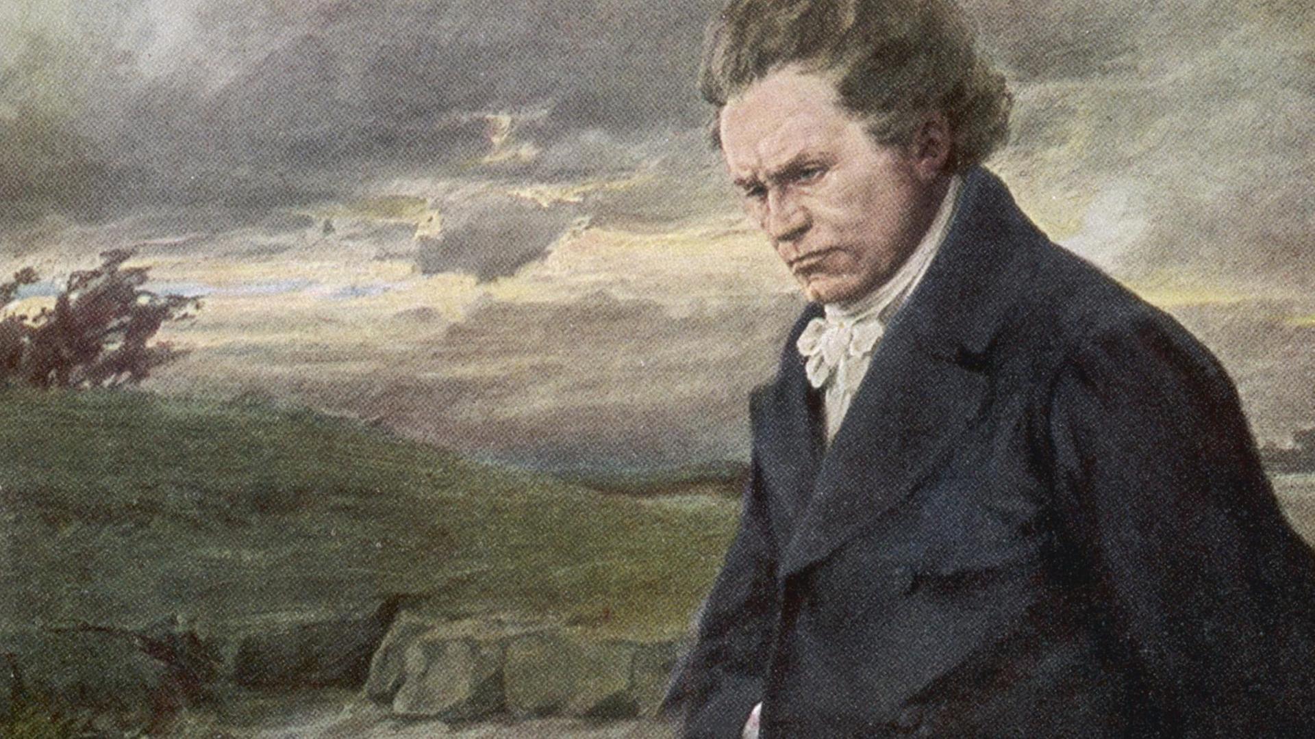 Gemälde von Beethoven bei einem Spaziergang bei windigem Wetter.