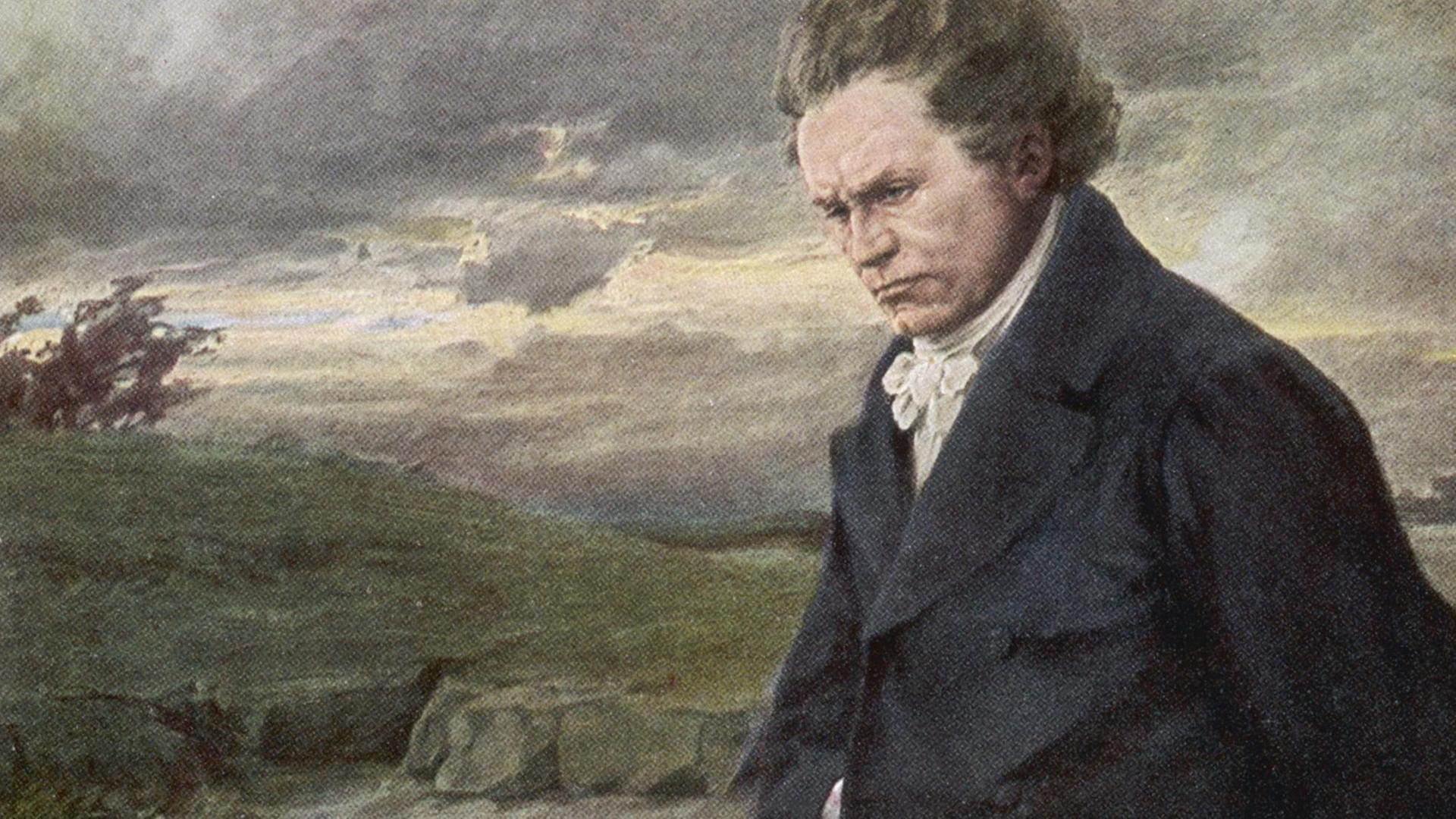 Gemälde von Beethoven bei einem Spaziergang bei windigem Wetter. Gemälde von Beethoven bei einem Spaziergang bei windigem Wetter.