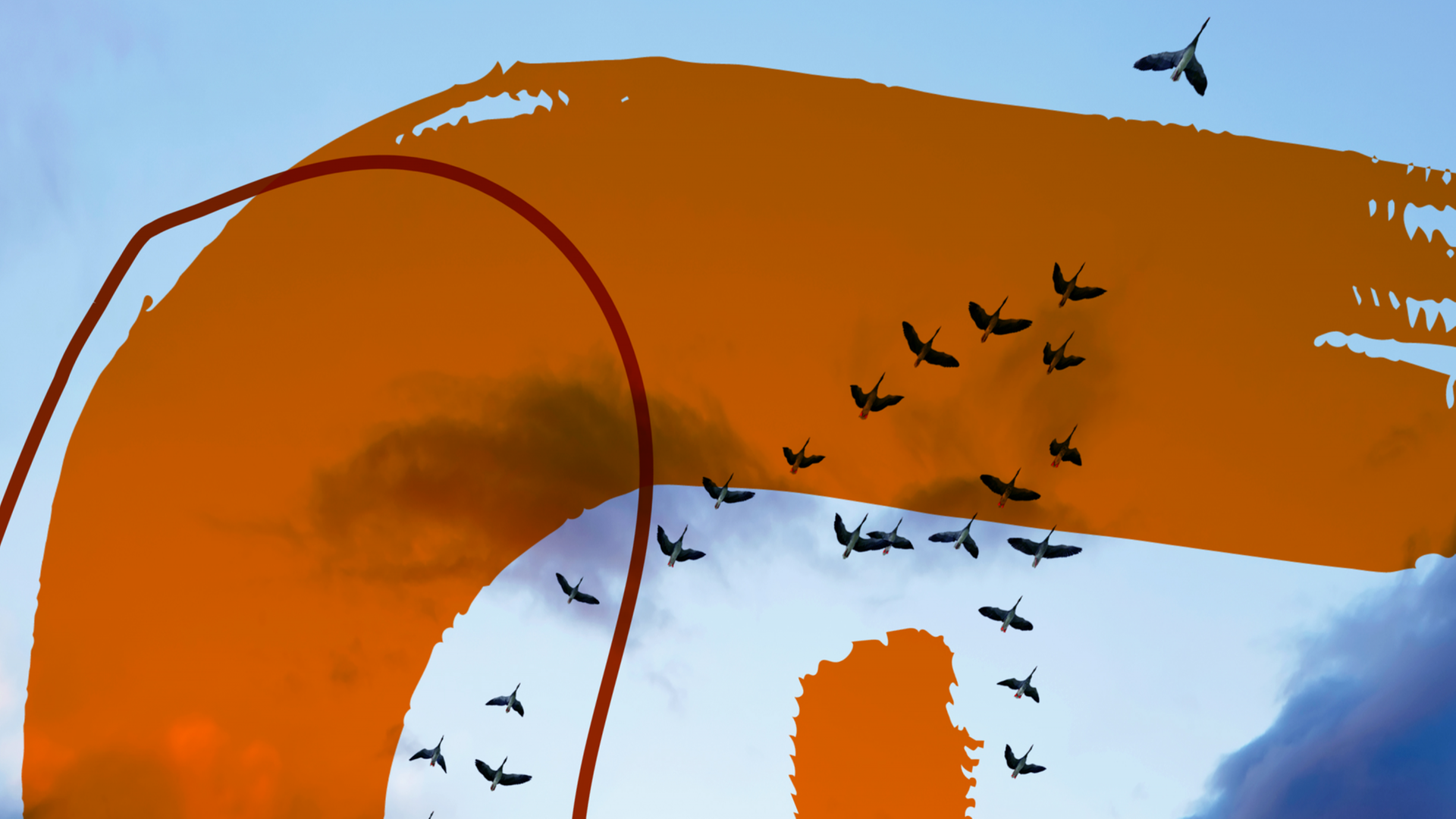 Das Bild zeigt das Podcast-Logo der Sendung "Religionen". Zu sehen sind die Schemen von Zugvögeln vor einem bewölkten Abendhimmel. Darüber sind orange, halbtransparente Flächen und Linien zu sehen.