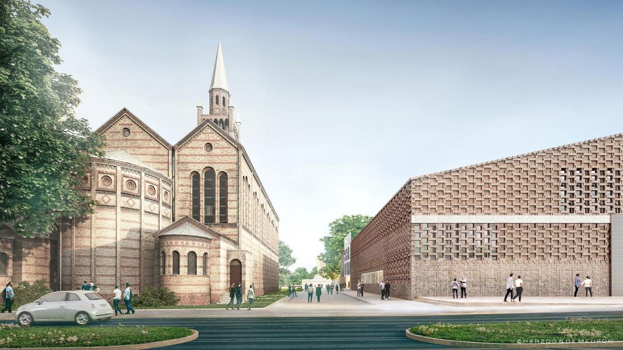 Die Fassade des Museums besteht aus einem Betonverbundelement mit eingelegten Klinkern und stellt dadurch einen Bezug zur benachbarten St. Matthäus-Kirche her. Die Fassade des Museums besteht aus einem Betonverbundelement mit eingelegten Klinkern und stellt dadurch einen Bezug zur benachbarten St. Matthäus-Kirche her.