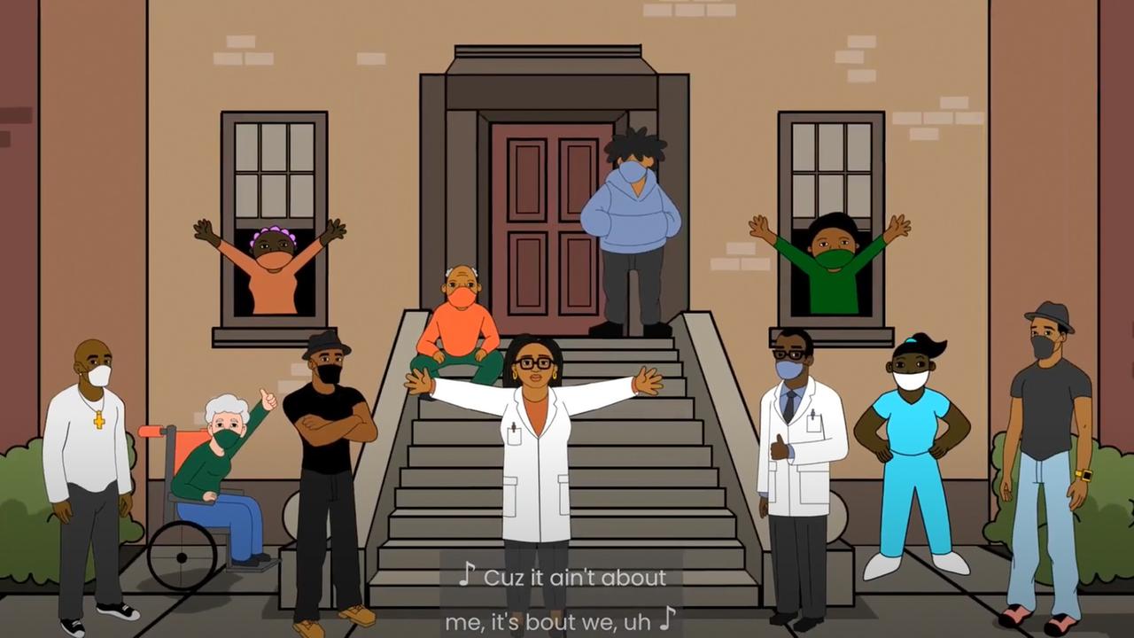 Im Still aus dem Musikvideo zu "Community Immunity" stehen mehrere Menschen mit ausgebreiteten Armen vor einem Hauseingang. Im Still aus dem Musikvideo zu "Community Immunity" stehen mehrere Menschen mit ausgebreiteten Armen vor einem Hauseingang.