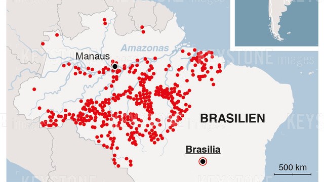 Lokalisierungskarte zu den mehr als 2500 aktiven Waldbränden im Amazonasgebiet (Stand: 20.-22. August 2019).
