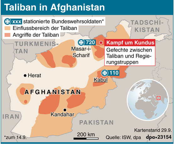 Karte von Afghanistan mit deutscher Militärpräsenz und Taliban-Einflussgebiet Karte von Afghanistan mit deutscher Militärpräsenz und Taliban-Einflussgebiet