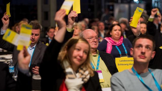 Delegierte halten am 30.04.2017 bei einer Abstimmung beim Bundesparteitag der FDP in Berlin ihre Stimmkarten hoch. Auf der Tagesordnung steht unter anderem die Verabschiedung des FDP-Wahlprogramms 2017.