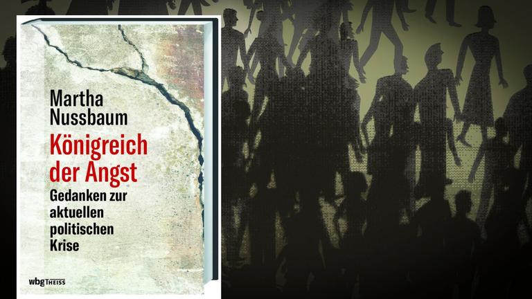 Buchcover Martha Nussbaum "Das Königreich der Angst" vom wbg Theiss Verlag. Hintergrundbild: ein Gewirr von dunklen Gestalten.