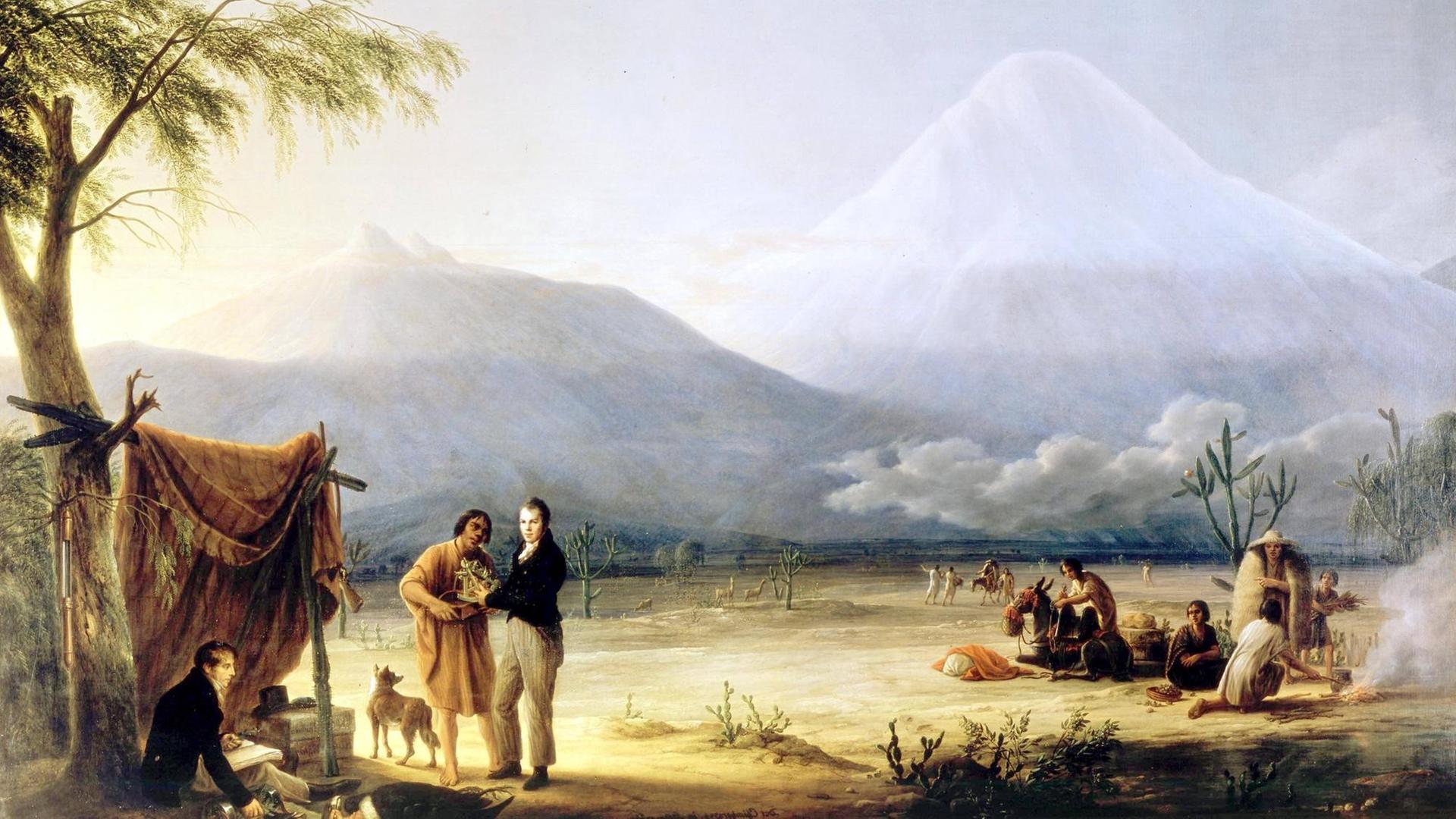 Zeitgenössisches Bild von Alexander von Humboldt und Aimé Bonplan in den Anden. Zeitgenössisches Bild von Alexander von Humboldt und Aimé Bonplan in den Anden.