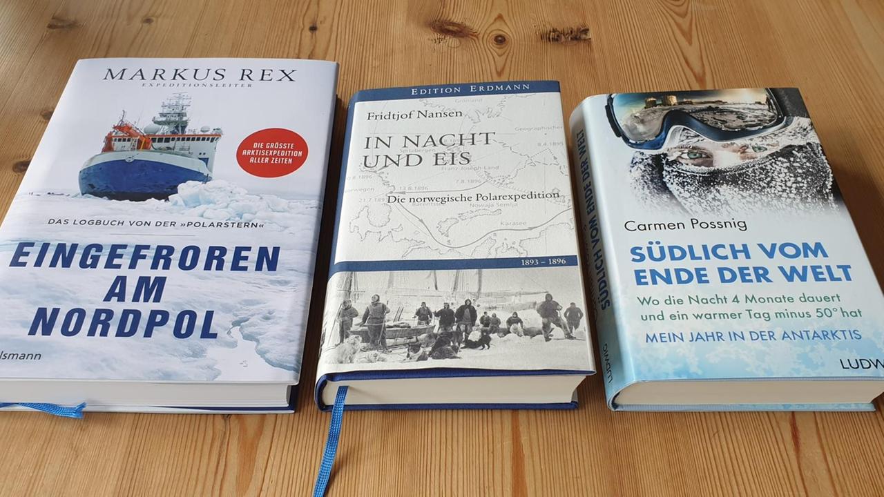 Die Cover der Bücher von Markus Rex "Eingefroren am Nordpol", Fridtjof Nansen "In Nacht und Eis: Die norwegische Polarexpedition 1893-1896" und Carmen Possnig "Südlich vom Ende der Welt". Die Cover der Bücher von Markus Rex "Eingefroren am Nordpol", Fridtjof Nansen "In Nacht und Eis: Die norwegische Polarexpedition 1893-1896" und Carmen Possnig "Südlich vom Ende der Welt".