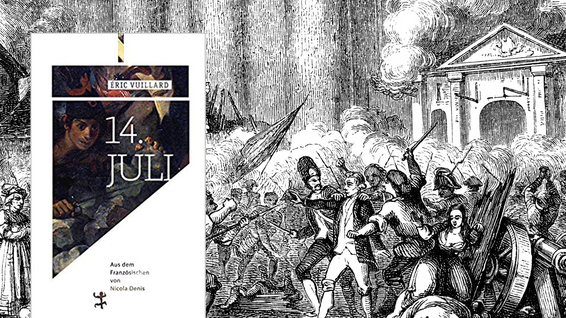 Coder von Eric Vuillards Buch "14. Juli" (Matthes & Seitz) , im Hintergrund ein historischer Stich aus dem Buch denkwürdiger Frauen, Verlag Otto Spamer, 1877, der den Sturm der Bastille zeigt. Coder von Eric Vuillards Buch "14. Juli" (Matthes & Seitz) , im Hintergrund ein historischer Stich aus dem Buch denkwürdiger Frauen, Verlag Otto Spamer, 1877, der den Sturm der Bastille zeigt.