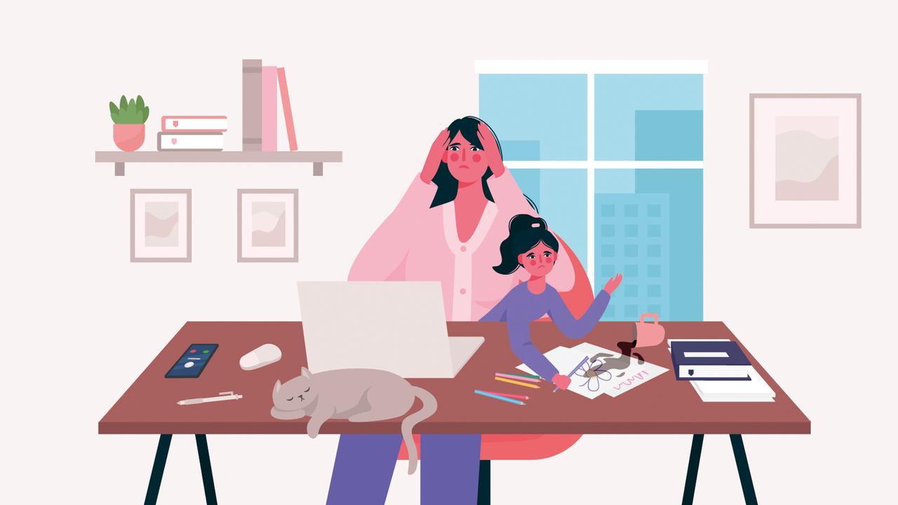 Illustration einer Frau Zuhause am Laptop, mit einem spieleden Kleinkind und einer schlafenden Katze auf dem Schreibtisch. Illustration einer Frau Zuhause am Laptop, mit einem spieleden Kleinkind und einer schlafenden Katze auf dem Schreibtisch.