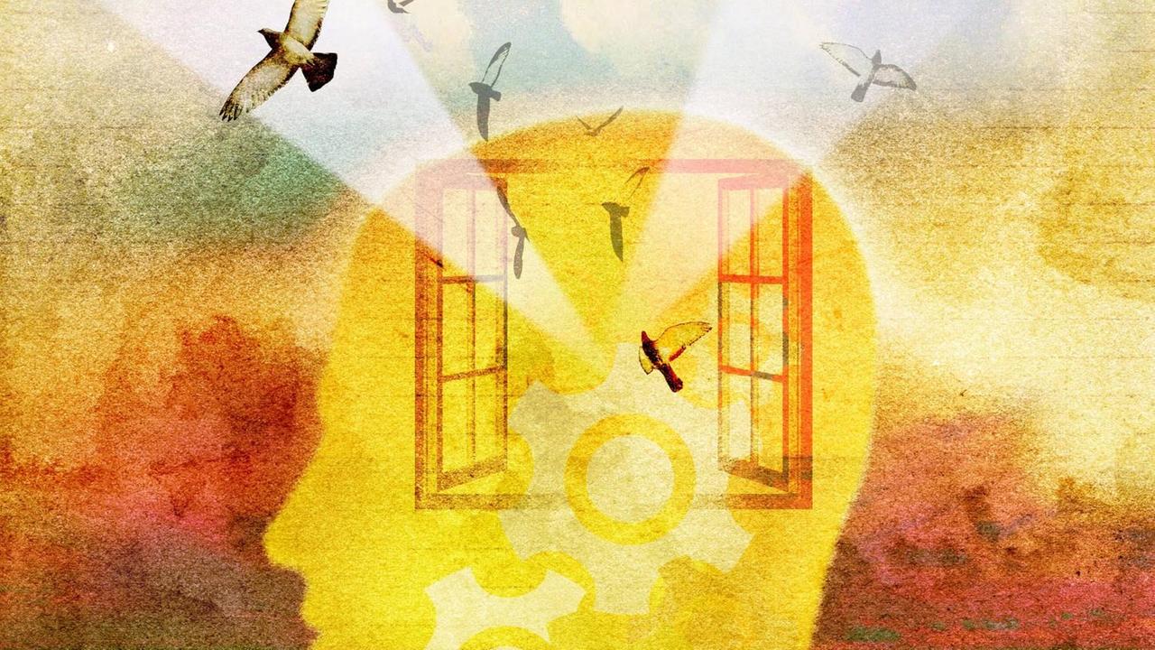 Aus einem Fenster im Kopf fliegen Vögel in die Welt hinaus. Aus einem Fenster im Kopf fliegen Vögel in die Welt hinaus.
