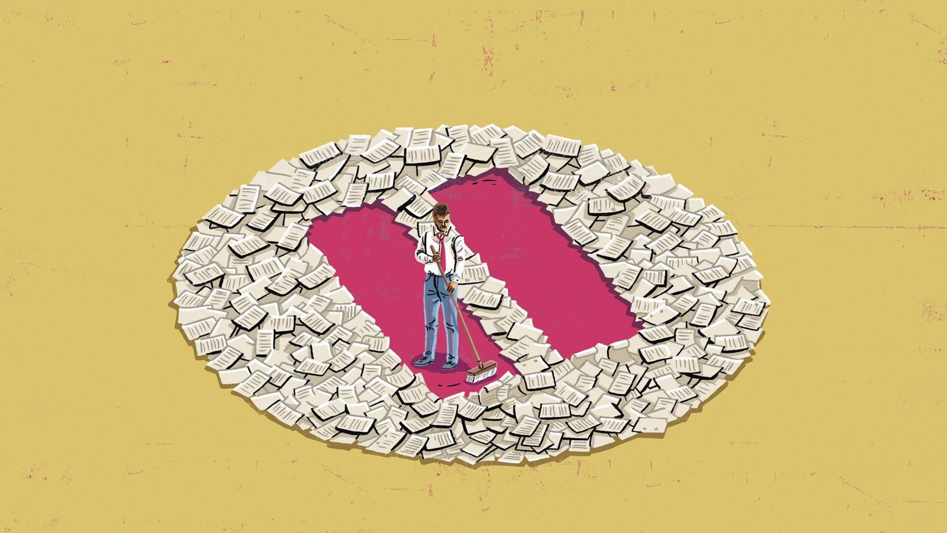 Illustration eines Mannes, der die Form einer Pausentaste aus einem Haufen von Papierblättern frei kehrt. Illustration eines Mannes, der die Form einer Pausentaste aus einem Haufen von Papierblättern frei kehrt.