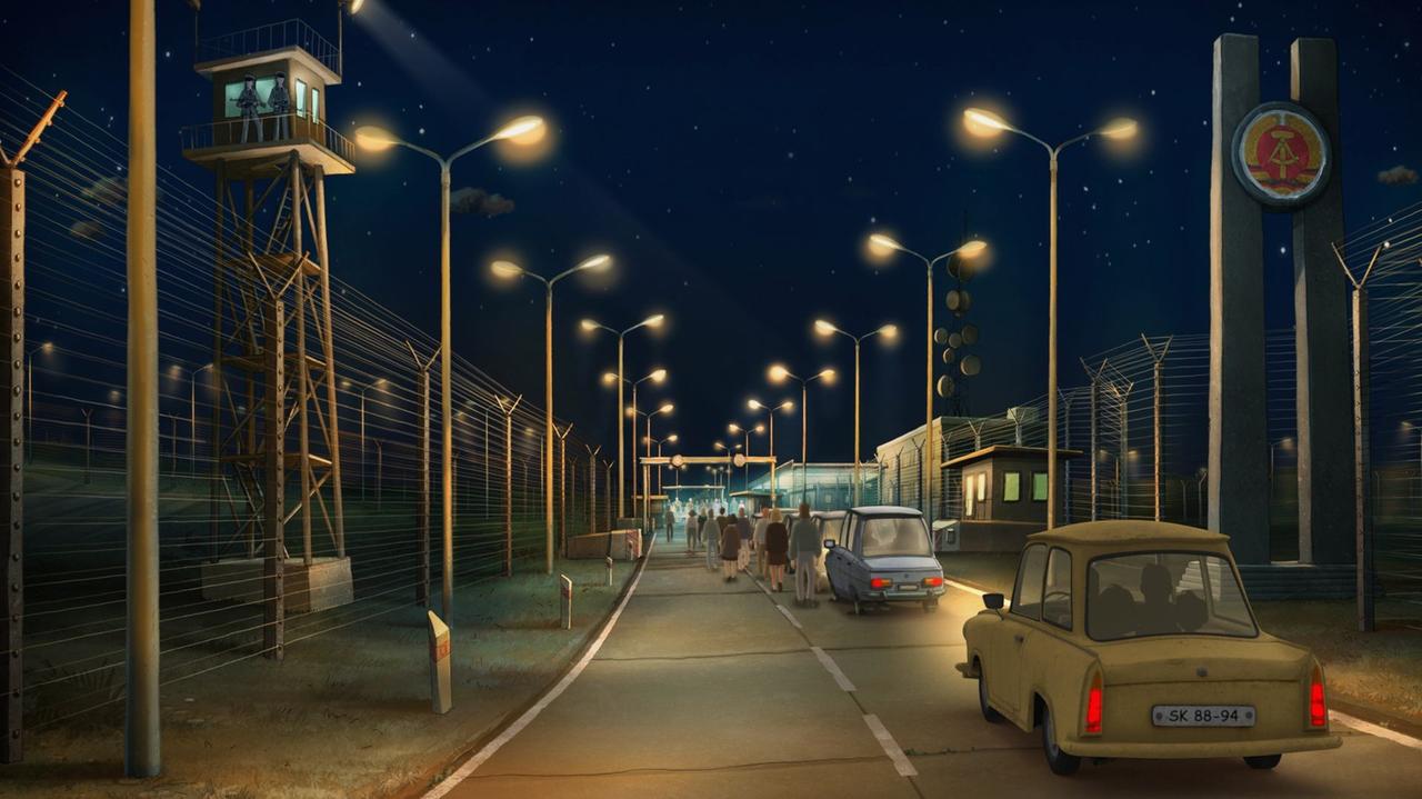 Bild aus Animationsfilm "Fritzi": Menschen und Trabis vor Grenzübergang Bild aus Animationsfilm "Fritzi": Menschen und Trabis vor Grenzübergang