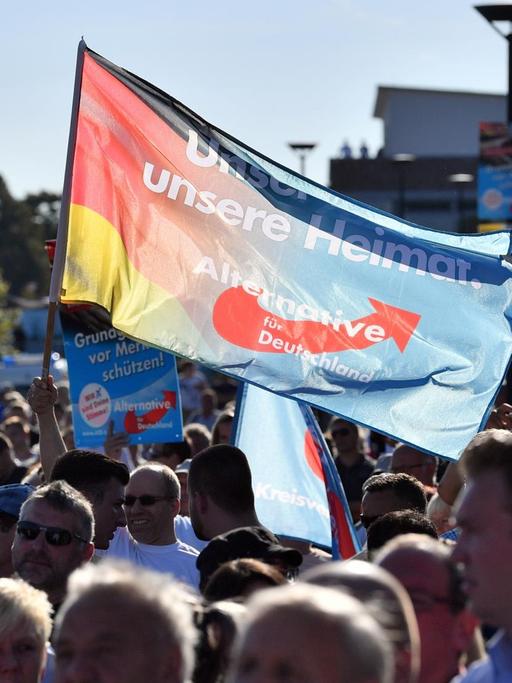Mitglieder und Sympathisanten der AfD protestieren am 29.08.2017 während eines Wahlkampfauftritts von Bundeskanzlerin Merkel in Bitterfeld-Wolfen (Sachsen-Anhalt). Die Bundestagswahl findet am 24.09.2017 statt.