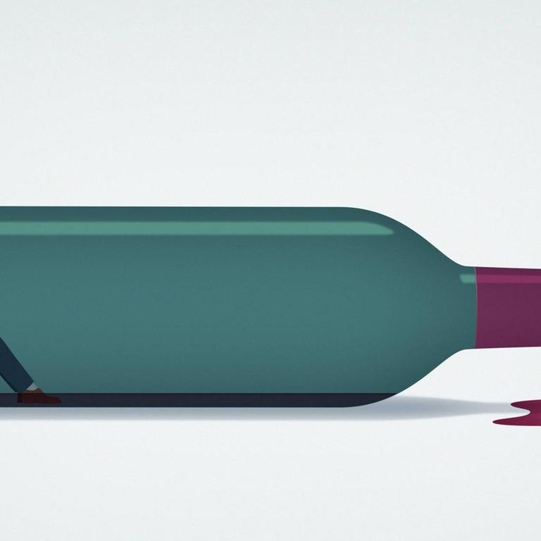 Illustration einer liegenden leeren Weinflasche in der ein Mann betrübt sitzt.