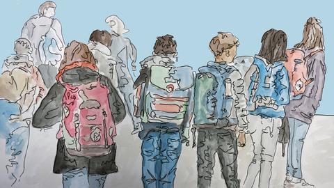 Zeichnung zu Folge 1: Schulkinder mit dem Rücken zum Zeichner, tragen Schulranzen und sind auf dem Weg zur Schule.