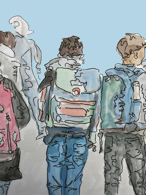 Zeichnung zu Folge 1: Schulkinder mit dem Rücken zum Zeichner, tragen Schulranzen und sind auf dem Weg zur Schule.