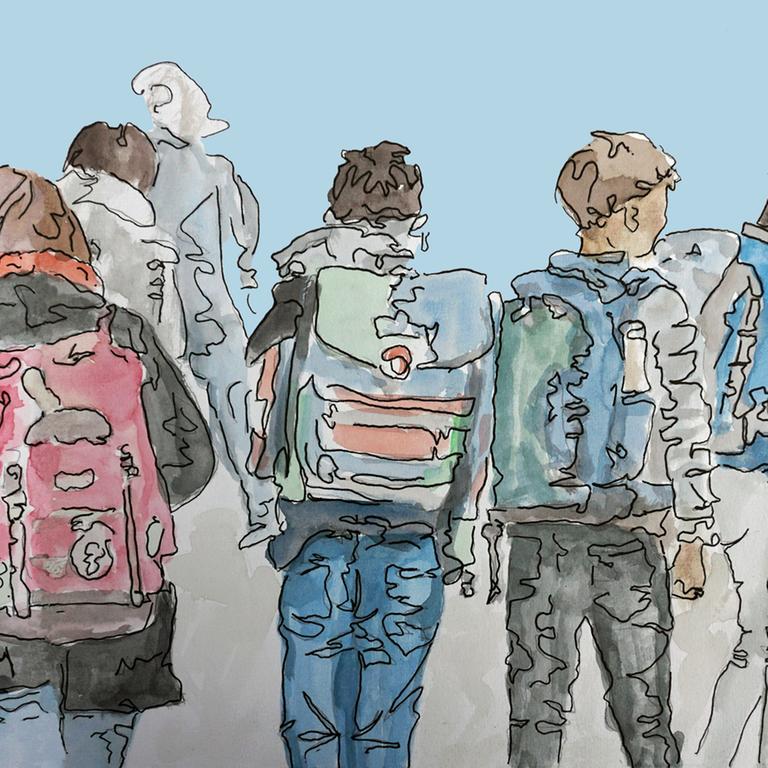 Zeichnung zu Folge 1: Schulkinder mit dem Rücken zum Zeichner, tragen Schulranzen und sind auf dem Weg zur Schule. Zeichnung zu Folge 1: Schulkinder mit dem Rücken zum Zeichner, tragen Schulranzen und sind auf dem Weg zur Schule.