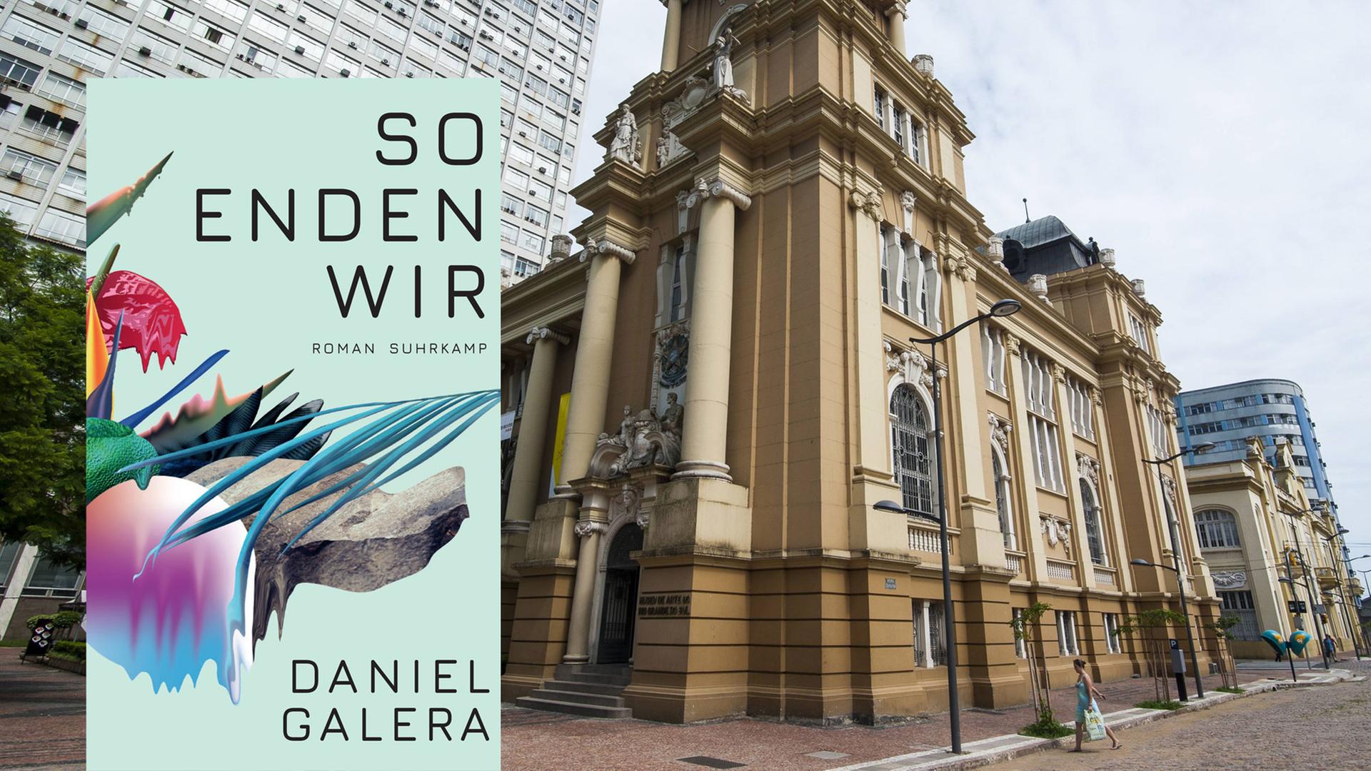 Im Hintergrund das Rio Grande do Sul Kunstmuseum in Porto Alegre, im Vordergrund: Cover Daniel Galera: "So enden wir", Montage Im Hintergrund das Rio Grande do Sul Kunstmuseum in Porto Alegre, im Vordergrund: Cover Daniel Galera: "So enden wir", Montage