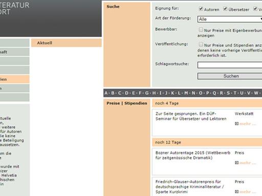 Screenshot der Webseite "Literaturport.de", auf derunter anderem Ausschreibungen von Preisen und Stipendien für Autoren veröffentlicht sind.
