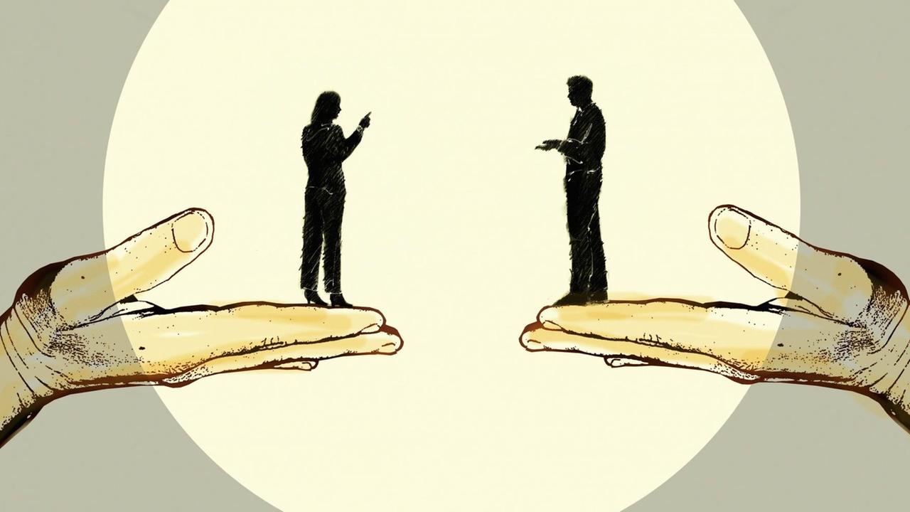 Illustration: Mann und Frau diskutieren auf stützenden Händen stehend Illustration: Mann und Frau diskutieren auf stützenden Händen stehend