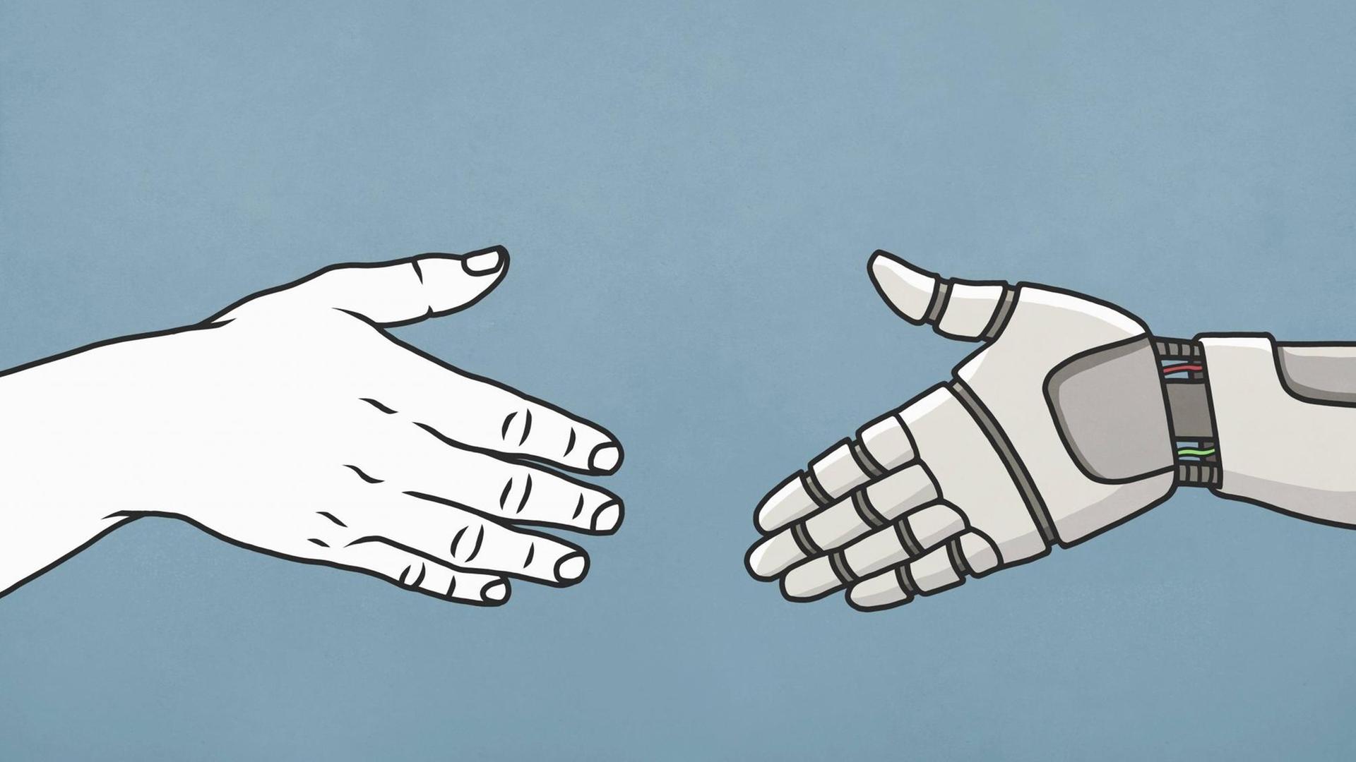 Eine menschliche Hand und die eines Roboters bewegen sich aufeinander zu (Illustration). Eine menschliche Hand und die eines Roboters bewegen sich aufeinander zu (Illustration).