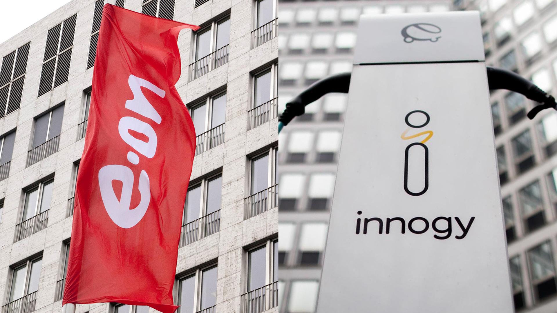 Montage zweier Bilder: links das Logo von Eon auf einer roten Flagge, rechts das Logo von Innogy auf einer Ladestation. Montage zweier Bilder: links das Logo von Eon auf einer roten Flagge, rechts das Logo von Innogy auf einer Ladestation.