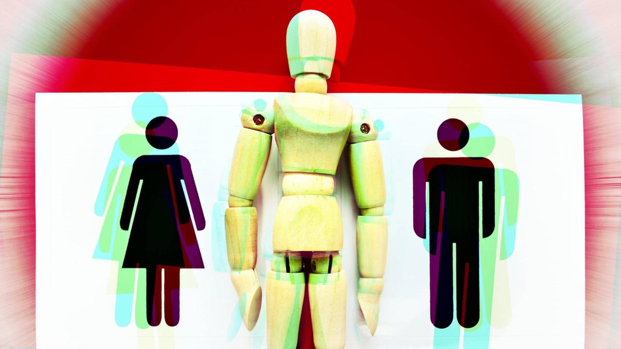 Piktogramm einer Gliederpuppe zwischen einem männlichen und weiblichen Symbol. Piktogramm einer Gliederpuppe zwischen einem männlichen und weiblichen Symbol.