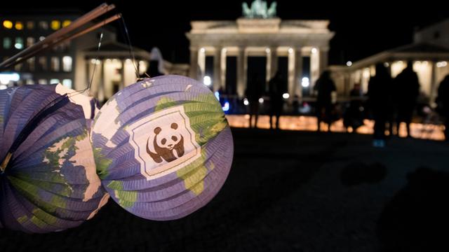Das Panda-Logo des World Wildlife Fund 2016 auf einer erleuchteten Laterne vor dem verdunkelten Brandenburger Tor in Berlin Das Panda-Logo des World Wildlife Fund, WWF hier vor dem Brandenburger Tor in Berlin während der jährlichen, globalen Verdunklungsstunde Earth Hour - mit der Aktion will der WWF Aufmerksamkeit auf den Klimaschutz lenken